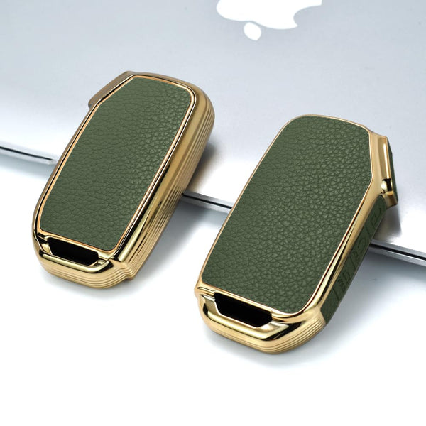 JVCV® Premium Soft Gold Border TPU Leather Pattern Key Cover Compatible with Kia Seltos 2023 Facelift HTX 4 Button Smart Key