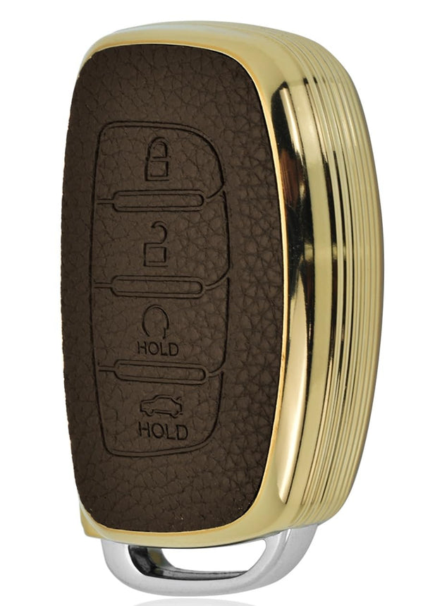 JVCV® Premium Soft Gold Border TPU Leather Pattern Key Cover Compatible with New Hyundai Alcazar and Creta 4 Button Smart Key