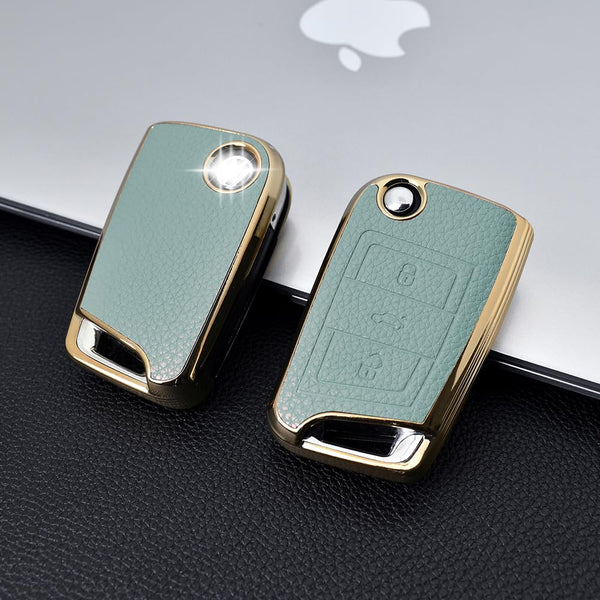 JVCV® Premium Soft Gold Border TPU Leather Pattern Key Cover Compatible with Skoda Kushaq Taigun Octavia Kodiaq Superb Folding Key