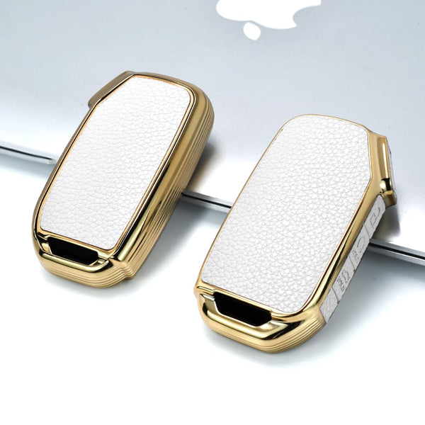 JVCV® Premium Soft Gold Border TPU Leather Pattern Key Cover Compatible with Kia Seltos 2023 Facelift HTX 4 Button Smart Key