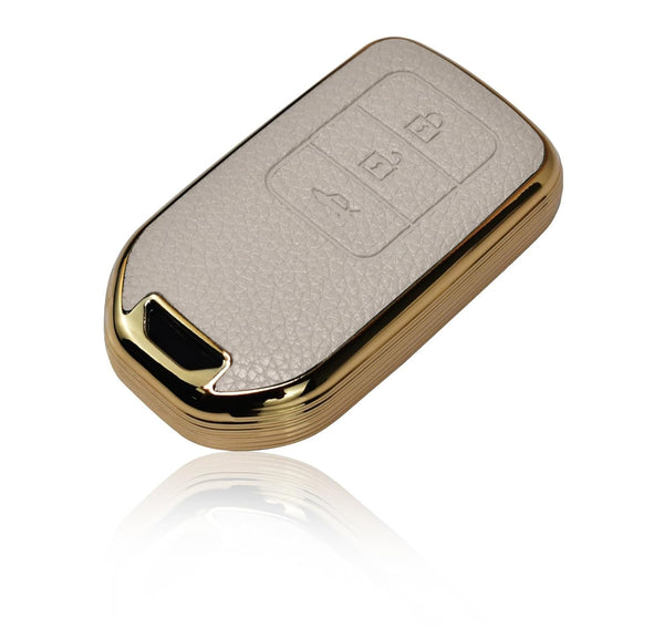 JVCV® Premium Soft Gold Border TPU Leather Pattern Key Cover Compatible with Honda City, Elevate, Civic, Jazz, Amaze, CR-V, WR-V, BR-V 3/4 Button Push Button Start Smart Key