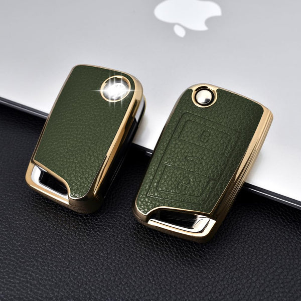 JVCV® Premium Soft Gold Border TPU Leather Pattern Key Cover Compatible with Skoda Kushaq Taigun Octavia Kodiaq Superb Folding Key