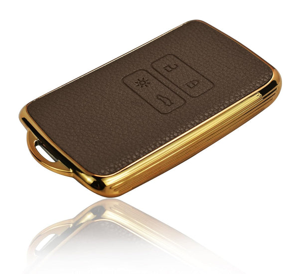 JVCV® Premium Soft Gold Border TPU Leather Pattern Key Cover Compatible with Renault Kiger Triber Smart Key