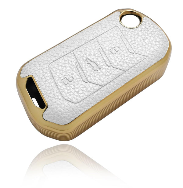 JVCV® Premium Soft Gold Border TPU Leather Pattern Key Cover Compatible with Mahindra XUV 700, 3XO, Thar, Marazzo, Bolero, Scorpio, Scorpio N, XUV 300, XUV 400 EV Thar Roxx 3 Button flip Key