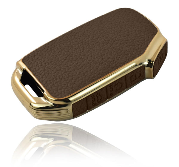 JVCV® Premium Soft Gold Border TPU Leather Pattern Key Cover Compatible with Kia Seltos 2023 Facelift HTX 4 Button Smart Key