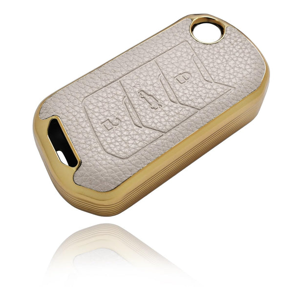 JVCV® Premium Soft Gold Border TPU Leather Pattern Key Cover Compatible with Mahindra XUV 700, 3XO, Thar, Marazzo, Bolero, Scorpio, Scorpio N, XUV 300, XUV 400 EV Thar Roxx 3 Button flip Key