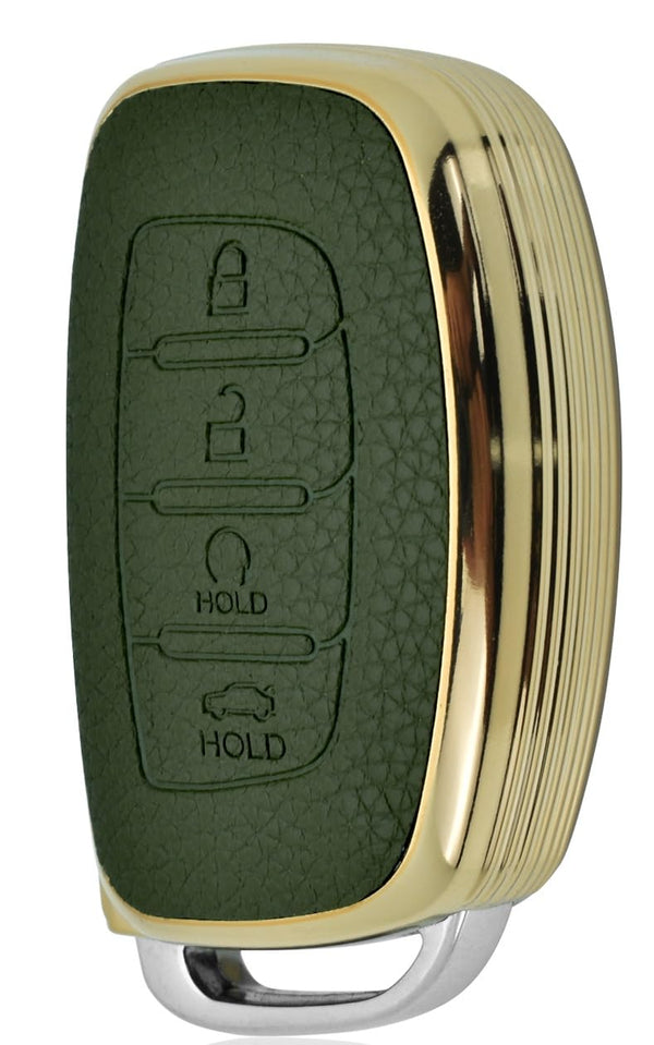 JVCV® Premium Soft Gold Border TPU Leather Pattern Key Cover Compatible with New Hyundai Alcazar and Creta 4 Button Smart Key
