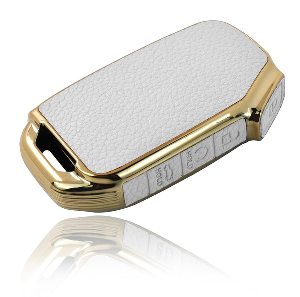 JVCV® Premium Soft Gold Border TPU Leather Pattern Key Cover Compatible with Kia Seltos 2023 Facelift HTX 4 Button Smart Key
