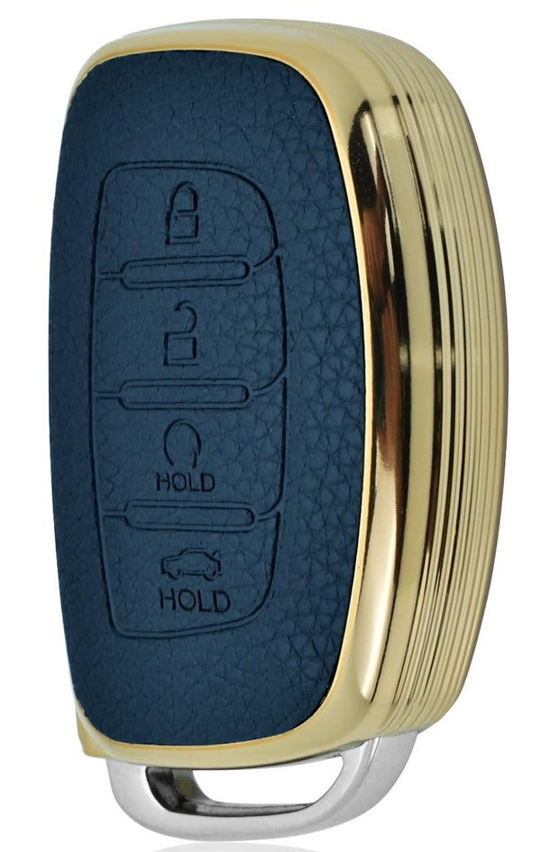 JVCV® Premium Soft Gold Border TPU Leather Pattern Key Cover Compatible with New Hyundai Alcazar and Creta 4 Button Smart Key