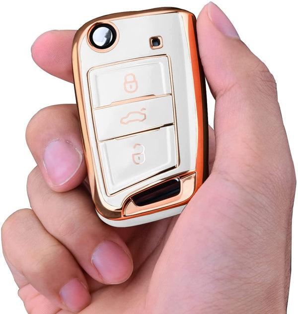 JVCV® Gold Border TPU Key Cover – Compatible with Skoda Kylaq, Slavia, Kushaq, Octavia, Kodiaq, Superb & VW Taigun, Tiguan, Virtus, T-ROC – Folding Key
