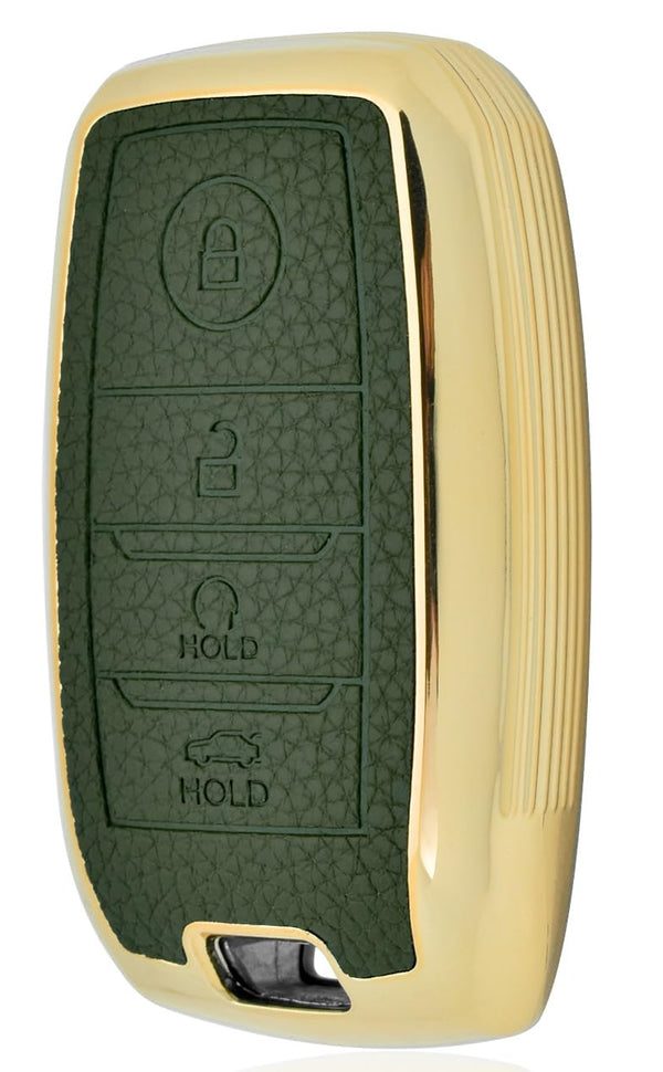 JVCV® Premium Soft Gold Border TPU Leather Pattern Key Cover Compatible with Kia Seltos Sonet Carens 4 Button Smart Key