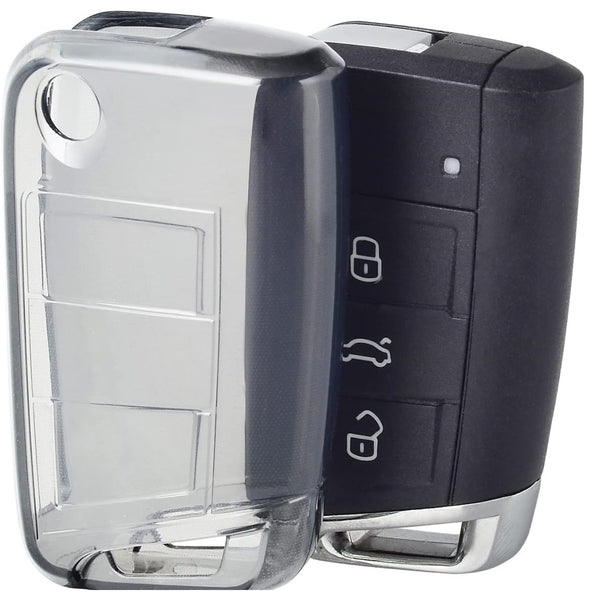JVCV® Soft TPU Transparent Cover Compatible with Skoda Kushaq Taigun Tiguan Virtus Octavia Kodiaq Superb Folding Key (Transparent Black)