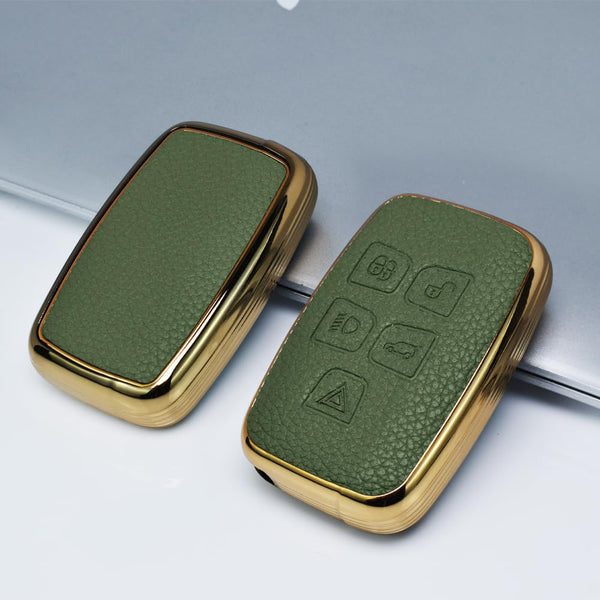 JVCV® Premium Soft Gold Border TPU Leather Pattern Key Cover Compatible with Range Rover Evoque Velar Sport Discovery Freelander & Jaguar XF, XJ, XE, F-PACE