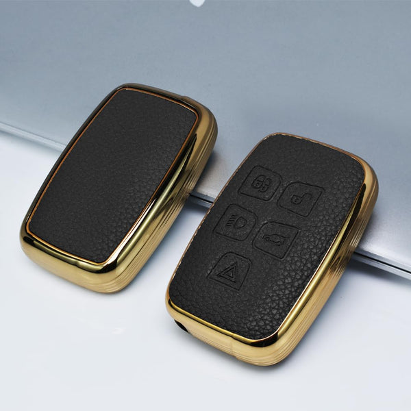 JVCV® Premium Soft Gold Border TPU Leather Pattern Key Cover Compatible with Range Rover Evoque Velar Sport Discovery Freelander & Jaguar XF, XJ, XE, F-PACE