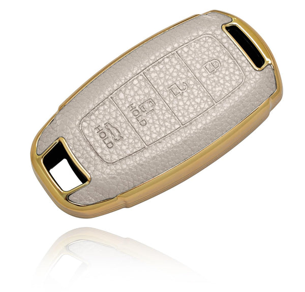 JVCV® Premium Soft Gold Border TPU Leather Pattern Key Cover Compatible with New Hyundai Verna and i20 NLine 4 Button Car Key
