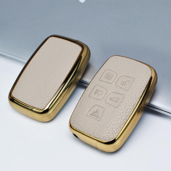 JVCV® Premium Soft Gold Border TPU Leather Pattern Key Cover Compatible with Range Rover Evoque Velar Sport Discovery Freelander & Jaguar XF, XJ, XE, F-PACE