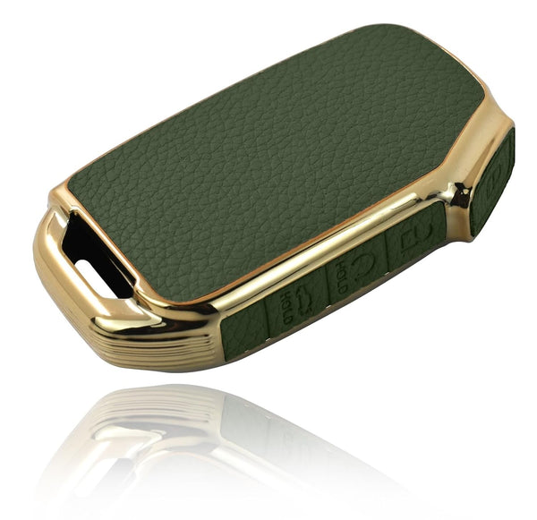 JVCV® Premium Soft Gold Border TPU Leather Pattern Key Cover Compatible with Kia Seltos 2023 Facelift HTX 4 Button Smart Key