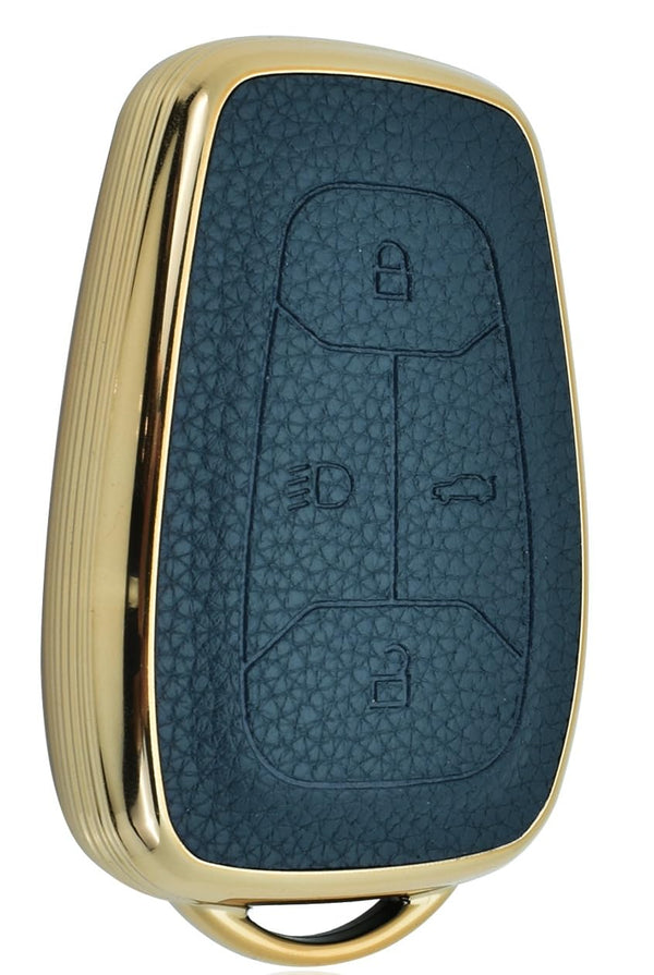 JVCV® Premium Soft Gold Border TPU Leather Pattern Key Cover Compatible with Tata Nexon, Harrier, Tiago EV, Altroz, Tigor, Safari, Nexon EV, Punch, Punch EV 4 Button Smart Key
