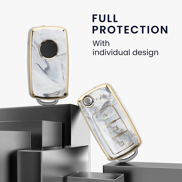 JVCV® Marble Gold Border TPU Key Cover Compatible with Volkswagen Polo Vento Jetta Ameo Passat and Skoda Rapid Laura Superb Octavia Fabia Yeti Folding Key (Black Marble)