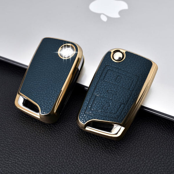 JVCV® Premium Soft Gold Border TPU Leather Pattern Key Cover Compatible with Skoda Kushaq Taigun Octavia Kodiaq Superb Folding Key
