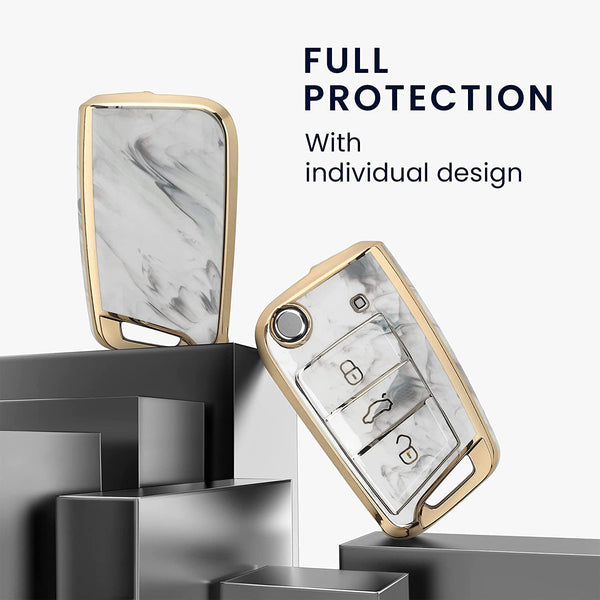 JVCV® Marble Gold Border TPU Key Cover Compatible with Skoda Slavia Kushaq Taigun Tiguan Virtus Octavia Kodiaq Superb T ROC Folding Key