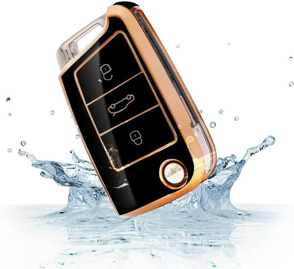 JVCV® Gold Border TPU Key Cover – Compatible with Skoda Kylaq, Slavia, Kushaq, Octavia, Kodiaq, Superb & VW Taigun, Tiguan, Virtus, T-ROC – Folding Key
