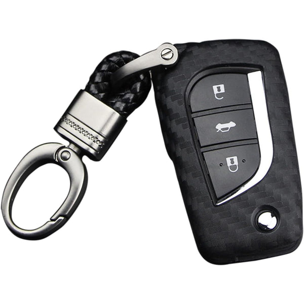 Car Styling Soft Carbon Fiber Pattern Key Cover Compatible with Toyota Folding Key with Keychain