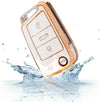 JVCV® Gold Border TPU Key Cover – Compatible with Skoda Kylaq, Slavia, Kushaq, Octavia, Kodiaq, Superb & VW Taigun, Tiguan, Virtus, T-ROC – Folding Key