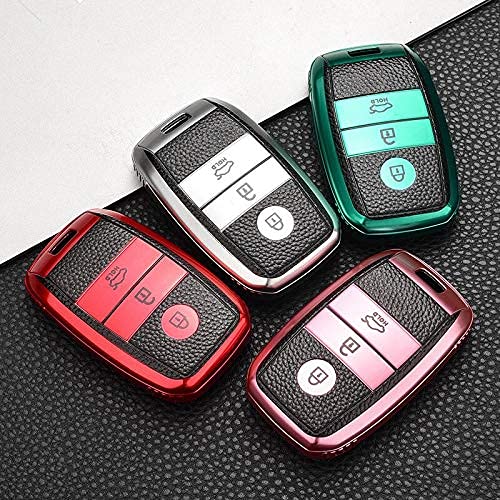 JVCV® Premium Soft TPU Leather Pattern Key Cover Compatible with Kia Seltos Sonet Carens 3 Button Push Start Car Key