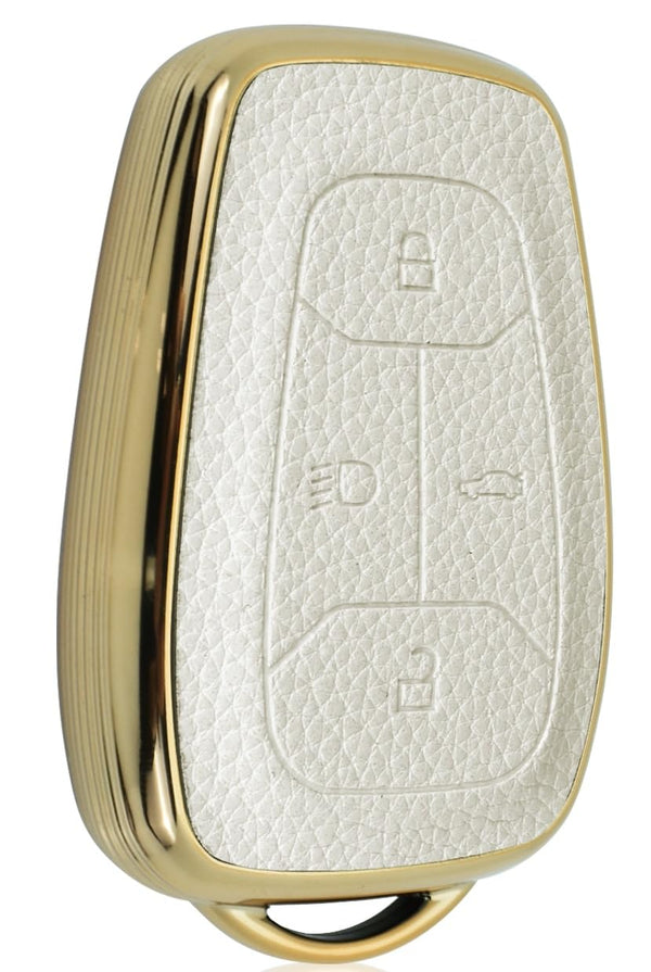 JVCV® Premium Soft Gold Border TPU Leather Pattern Key Cover Compatible with Tata Nexon, Harrier, Tiago EV, Altroz, Tigor, Safari, Nexon EV, Punch, Punch EV 4 Button Smart Key