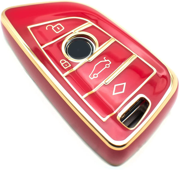 JVCV® Gold Border TPU Key Cover Compatible with BMW X1 X3 X5 X6 5 Series 6 Series 7 Series 3/4 Button Blade Smart Key – Glossy Protective Key Case