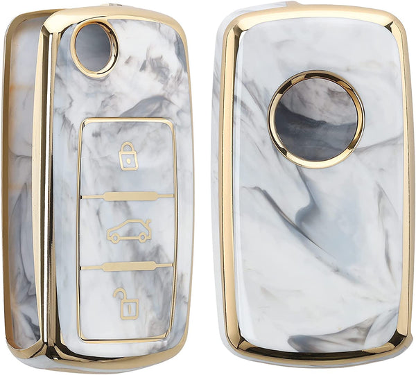 JVCV® Marble Gold Border TPU Key Cover Compatible with Volkswagen Polo Vento Jetta Ameo Passat and Skoda Rapid Laura Superb Octavia Fabia Yeti Folding Key (Black Marble)