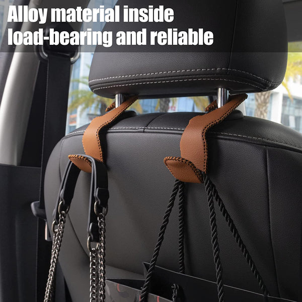JVCV® Leather Car Headrest Hooks for Back Seat Organizer – Heavy-Duty Bag & Purse Hanger Hooks for Cars, SUVs, Trucks – Pack of 2 (Universal Fit, Premium Metal Core)