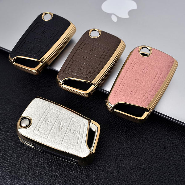 JVCV® Premium Soft Gold Border TPU Leather Pattern Key Cover Compatible with Skoda Kushaq Taigun Octavia Kodiaq Superb Folding Key