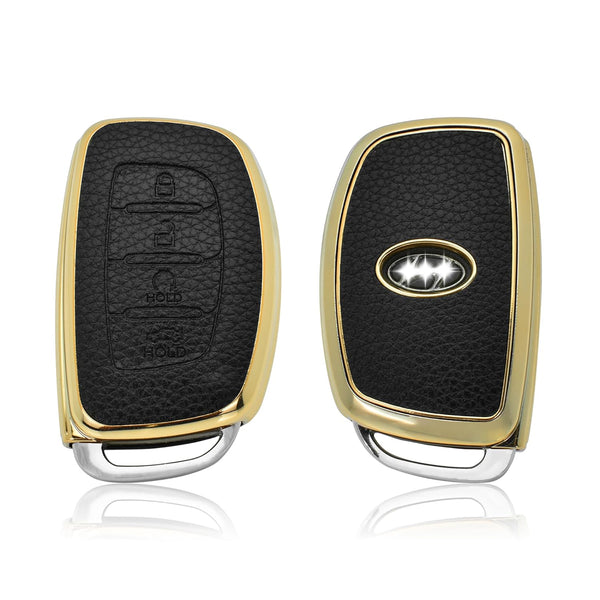 JVCV® Premium Soft Gold Border TPU Leather Pattern Key Cover Compatible with New Hyundai Alcazar and Creta 4 Button Smart Key