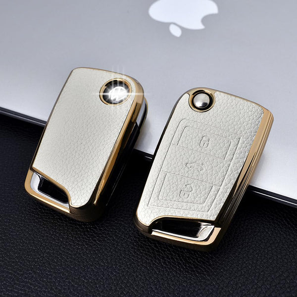 JVCV® Premium Soft Gold Border TPU Leather Pattern Key Cover Compatible with Skoda Kushaq Taigun Octavia Kodiaq Superb Folding Key