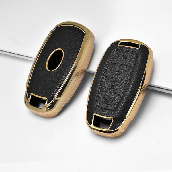 JVCV® Premium Soft Gold Border TPU Leather Pattern Key Cover Compatible with New Hyundai Verna and i20 NLine 4 Button Car Key