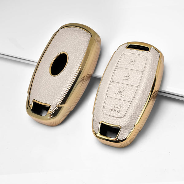 JVCV® Premium Soft Gold Border TPU Leather Pattern Key Cover Compatible with New Hyundai Verna and i20 NLine 4 Button Car Key