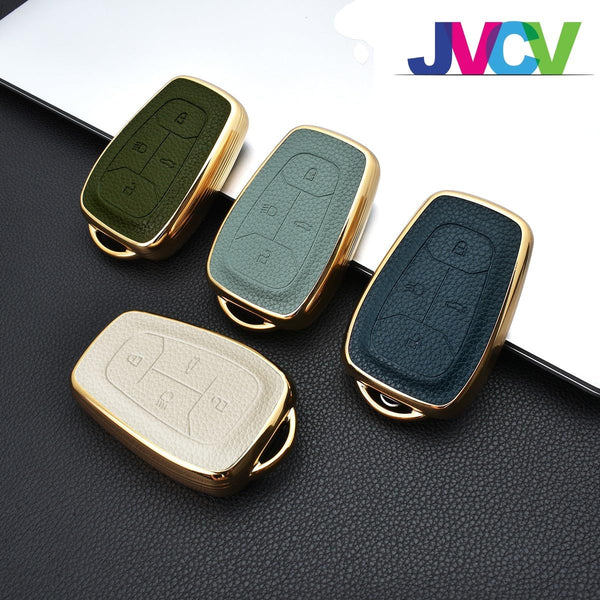 JVCV® Premium Soft Gold Border TPU Leather Pattern Key Cover Compatible with Tata Nexon, Harrier, Tiago EV, Altroz, Tigor, Safari, Nexon EV, Punch, Punch EV 4 Button Smart Key