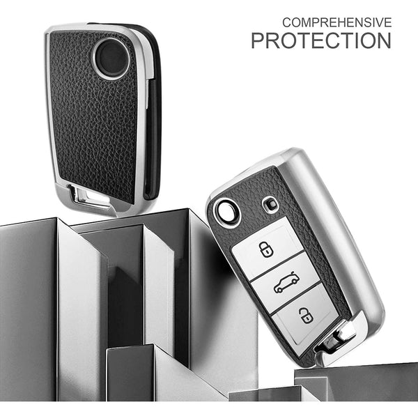 JVCV® Premium Soft TPU Leather-Pattern Key Cover – Compatible with Škoda & Volkswagen Folding Keys