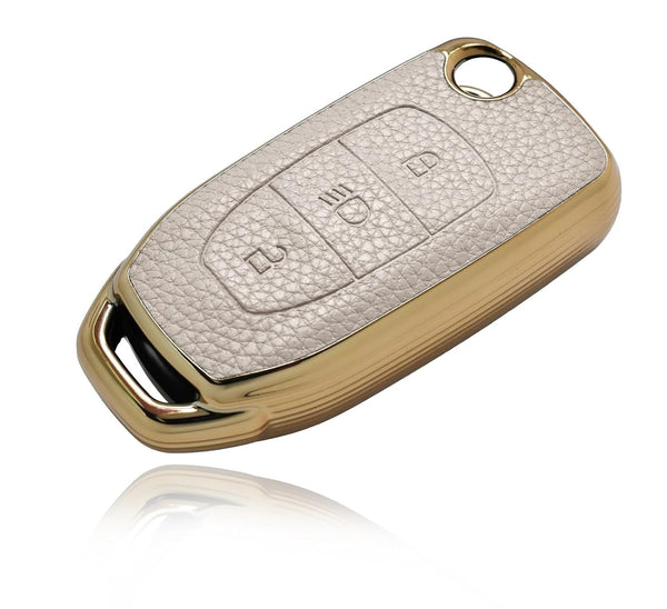 JVCV® Premium Soft Gold Border TPU Leather Pattern Key Cover Compatible with Tata Curvv Tiago Tigor Punch Nexon Zest Bolt Safari Storme Flip Key