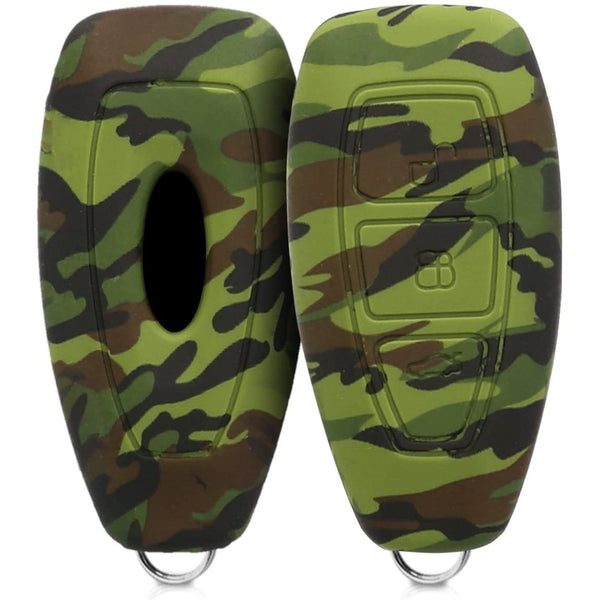 Soft Silicone Camouflage Key Cover Compatible with Ford Ecosport Push Button Start Smart Key (Green Camouflage)