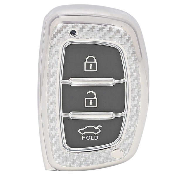 JVCV® Soft TPU Carbon Fiber Style Car Key Cover Compatible with Hyundai Creta, i10 Grand, i20 Elite, i20 Active, Xcent, Verna 4s, Tucson, Elantra, Grand i10 Nios 3 Button Smart Key