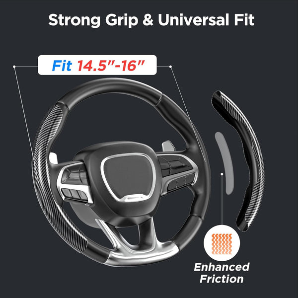 JVCV® 2‑Piece High‑Gloss Carbon Fiber Texture Steering Wheel Cover – Universal Fit (14.5–16″) + Anti‑Slip Grip Pads