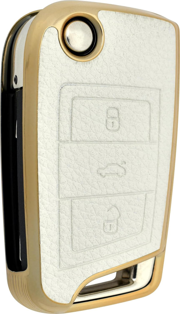 JVCV® Premium Soft Gold Border TPU Leather Pattern Key Cover Compatible with Skoda Kushaq Taigun Octavia Kodiaq Superb Folding Key