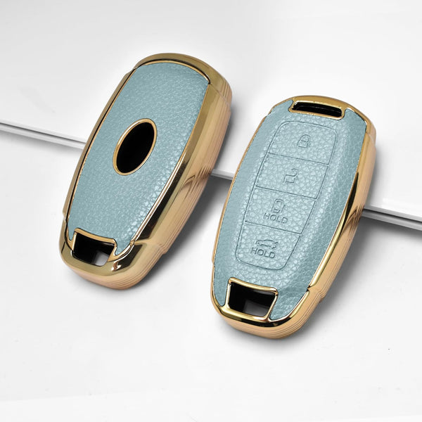 JVCV® Premium Soft Gold Border TPU Leather Pattern Key Cover Compatible with New Hyundai Verna and i20 NLine 4 Button Car Key