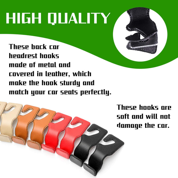 JVCV® Leather Car Headrest Hooks for Back Seat Organizer – Heavy-Duty Bag & Purse Hanger Hooks for Cars, SUVs, Trucks – Pack of 2 (Universal Fit, Premium Metal Core)