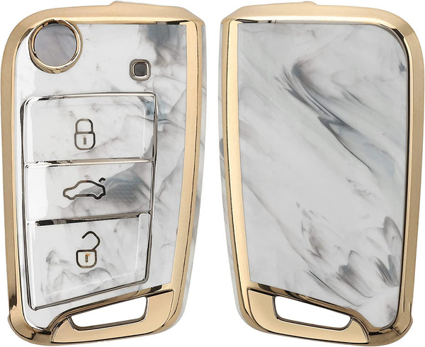 JVCV® Marble Gold Border TPU Key Cover Compatible with Skoda Slavia Kushaq Taigun Tiguan Virtus Octavia Kodiaq Superb T ROC Folding Key