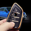 JVCV® Gold Border TPU Key Cover Compatible with BMW X1 X3 X5 X6 5 Series 6 Series 7 Series 3/4 Button Blade Smart Key – Glossy Protective Key Case