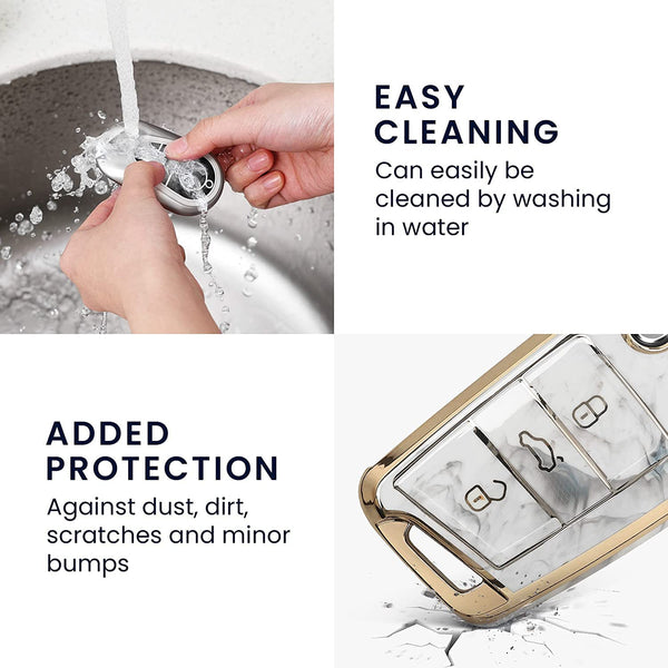 JVCV® Marble Gold Border TPU Key Cover Compatible with Skoda Slavia Kushaq Taigun Tiguan Virtus Octavia Kodiaq Superb T ROC Folding Key